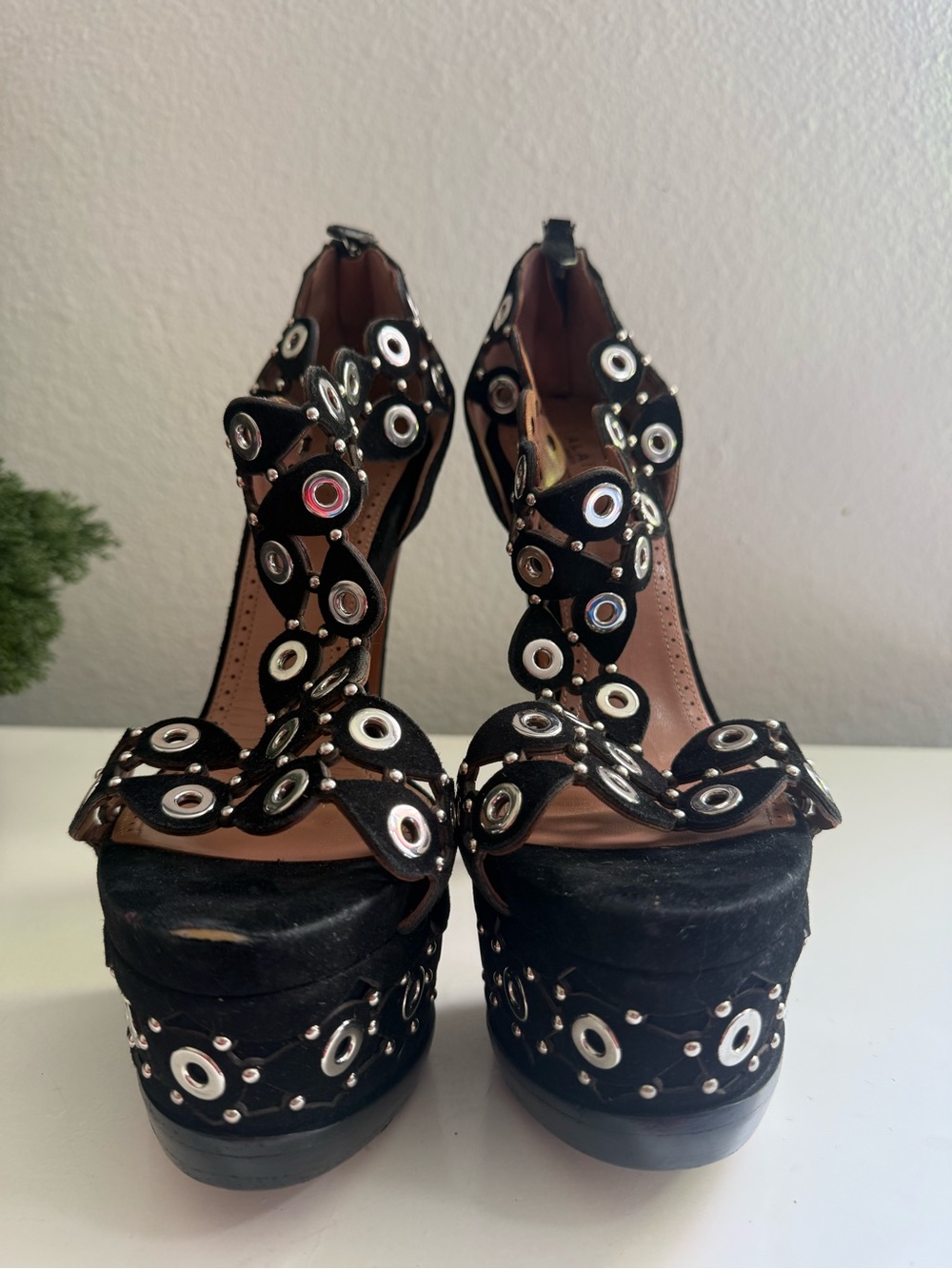 Alaia embellished laser size 9 Black and White Eyelet Platform T‑Strap Heels - Picture 3 of 10